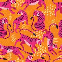 Seamless pattern with hand drawn exotic big cat tiger, in bright pink, with tropical plants and abstract elements on vibrant orange background. Colorful flat vector illustration