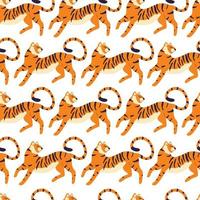 Seamless pattern with hand drawn exotic big cat tiger, on cream background. Colorful flat vector illustration
