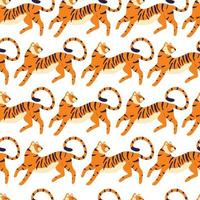 Seamless pattern with hand drawn exotic big cat tiger, on cream background. Colorful flat vector illustration