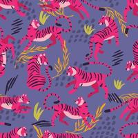 Seamless pattern with hand drawn exotic big cat tiger, in bright pink, with tropical plants and abstract elements on purple background. Colorful flat vector illustration