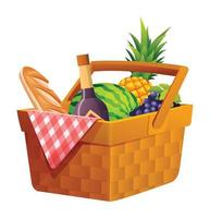 Wicker picnic basket with food and drink cartoon illustration vector