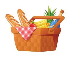 Wicker picnic basket with blanket full of products vector illustration
