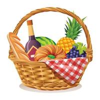 Wicker picnic basket with food and drink vector illustration