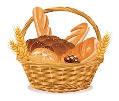 Bakery in wicker basket vector illustration. Basket with wheat and fresh bread isolated on white background