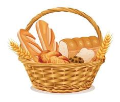 Wicker basket with bakery illustration. Basket with wheat and fresh bread isolated on white background vector