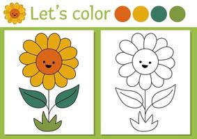 On the farm coloring page for children with sunflower. Vector rural country outline illustration with cute sun flower. Color book for kids with colored example. Drawing skills printable worksheet