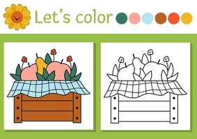 On the farm coloring page for children with wooden box with garden fruit. Vector rural country outline illustration with harvest. Color book for kids with colored example. Drawing skills printable