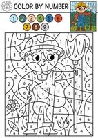 Vector on the farm color by number activity with farmer in the meadow. Rural country scene black and white counting game with farm worker. Coloring page for kids with countryside scene