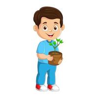 Vector cute little boy holding plants in pot