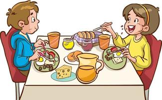 Happy kids having breakfast by themselves. Child nutrition concept. cartoon Vector illustration