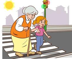 child helping old woman.old woman and child walking on crosswalk cartoon vector