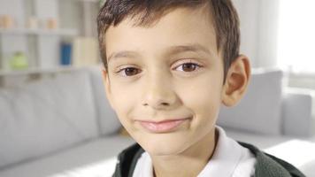 sorridente ragazzo. il ragazzo è guardare a il telecamera e sorridente. video