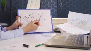 Businessman analyzing financial graph showing profit growth. Businessman having online meeting in his office and analyzing and explaining using graphs. video