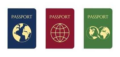 Collection Of Varicoloured Passports With Globes. Green, Blue, Red. Flat Style Vector Illustration