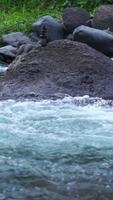 verticaal video van rivier- water in de bergen vloeiende snel door de rotsen.