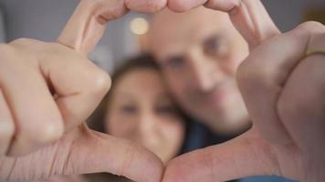 Couple looking at camera making heart sign and smiling. Married couple making heart looking at camera. video