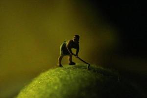 miniatura figura de un hembra granjero trabajando el tierra con un amanecer antecedentes. foto