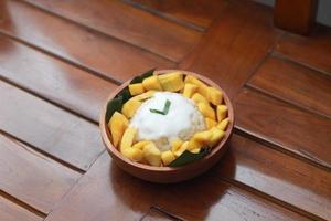 a close up of mango sticky rice photo