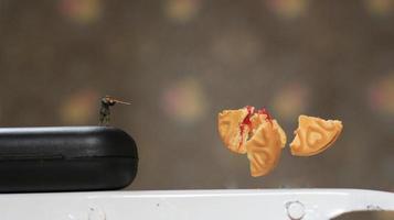 un miniatura figura de un cazador disparo un fresa mermelada lleno pastel Hasta que eso se rompe cazador concepto. foto