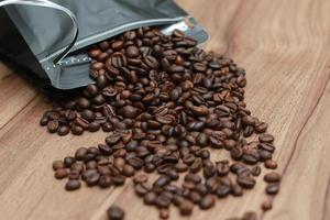 Detailed photo of coffee beans before being processed into a drink isolated on wood. Concept photo of the basic ingredients of coffee drinks.