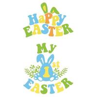 My first Easter modern vector design with bunny ears and eggs. Easter quote for baby. Vector illustration greeting card templates with bunny in Groovy style