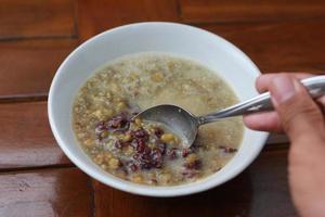 a close up of a bowl of green bean porridge and black sticky rice doused in coconut milk photo