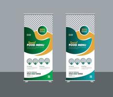 Food menu restaurant business rollup, standee banner template or creative food promotion rollup banner vector layout, two colors pull up the presentation, exhibition banner