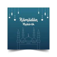Minimal Outline Mosque In  Blue Gradient Background With Hanging Stars And Lantern. vector