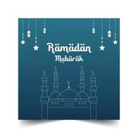 Minimal Outline Mosque In  Blue Gradient Background With Hanging Stars And Lantern. vector