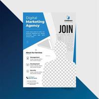 Marketing Business Flyer Template Design With Company Information. A Template With Creative Use Of Triangular And Trapezoidal Geometrical Shapes In Blue And White Color Scheme. vector