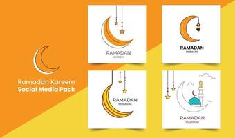 Ramadan Kareem Social Media Pack. Ramadan Half Moon Design With Hanging Lantern and Stars On White Background vector