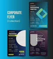 Trendy Corporate Flyer Pack Templates With Picture Space On Modern Gradient Black And Blue Backgrounds And Spiral Designs For Promotional Company Or Business Usage. vector