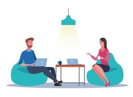 Office worker chatting while sitting on bean bag chairs vector