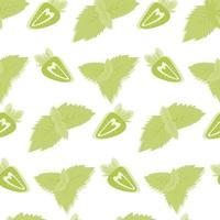Seamless pattern of half a strawberry with mint leaves in trendy monochrome hue green. Flat lay. EPS vector