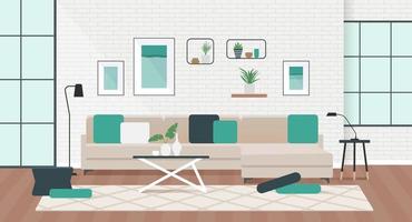 Living room interior with comfortable sofa, coffee table and plants vector