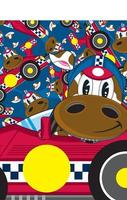 Cartoon Cow Racing Driver in Sports Car on a Patterned Background vector