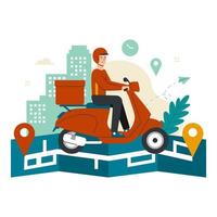 Fast and free delivery service concept. Delivery man riding scooter with map application vector