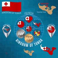 conjunto de vector ilustraciones de bandera, contorno mapa, íconos de Reino de tonga viaje concepto.