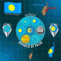 Set of vector illustrations of flag, outline map, icons of REPUBLIC OF PALAU. Travel concept.