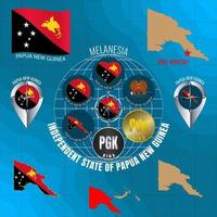 Set of vector illustrations of flag, outline map, icons of INDEPENDENT STATE OF PAPUA NEW GUINEA. Travel concept.