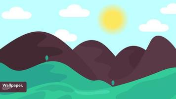 Landscape with mountains and sun. Vector illustration.