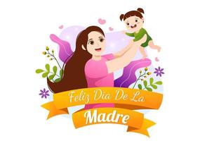 Feliz Dia De La Madre Illustration with Celebrating Happy Mother Day and Cute Kids in Flat Cartoon Hand Drawn for Web Banner or Landing Page Templates vector