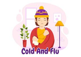 Sick Person Flu and Cold Sickness Illustration with People Wearing Thick Clothes in Flat Cartoon Hand Drawn for Health Care Landing Page Template vector
