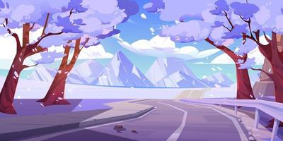 Mountain valley snowy landscape with highway road vector