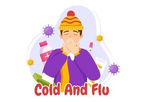 Sick Person Flu and Cold Sickness Illustration with People Wearing Thick Clothes in Flat Cartoon Hand Drawn for Health Care Landing Page Template vector