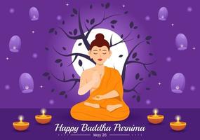 Happy Buddha Purnima Illustration with Vesak Day or Indian Festival to Spiritual in Flat Cartoon Hand Drawn for Web Banner or Landing Page Templates vector