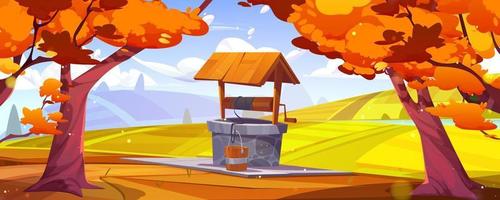 Autumn sunny landscape with water well, fields vector