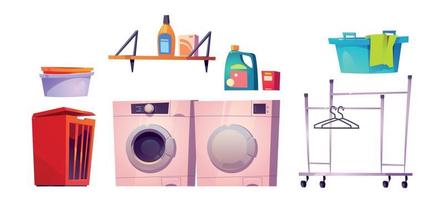 Laundry room set with wash machine, clothes basket vector