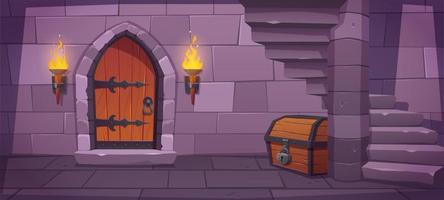 Dungeon door in medieval castle with wood chest vector