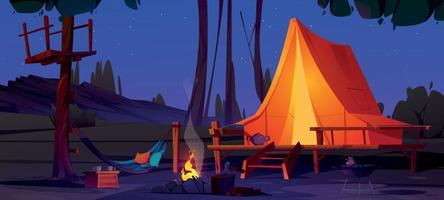 Glamping with tent in summer forest at night vector